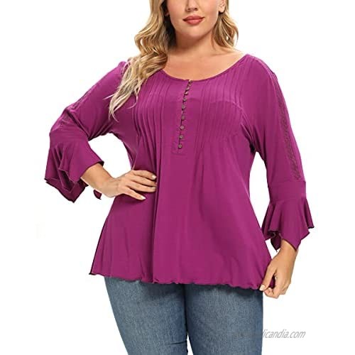 MISS MOLY Women's Plus Size Button Up Tunic Blouses Pesant Henley V Neck Tops 3/4 Bell Sleeve