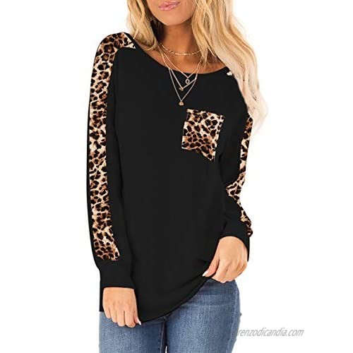 Omerker Women Leopard Print Tops Long Sleeve T Shirt Cute Sweatshirts Blouse Tunic with Pocket