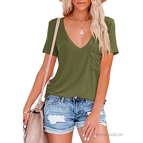 PiePieBuy Womens Short Sleeve V Neck T Shirts Casual Summer Solid Color Tunic with Pocket