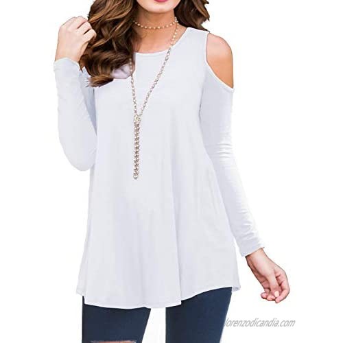 PrinStory Womens Long Sleeve Off Shoulder Round Neck Casual Loose Top Blouse T-Shirt White-US X-Large