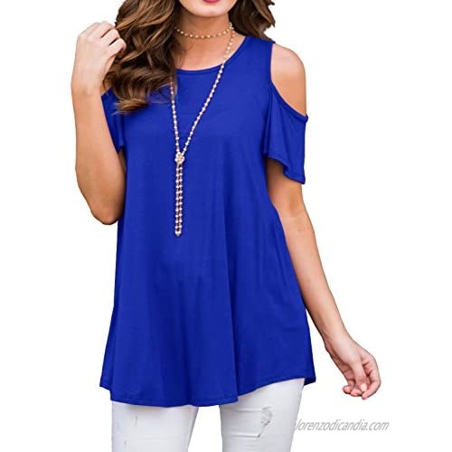 PrinStory Womens Short Sleeve Off Shoulder Round Neck Casual Loose Top Blouse T-Shirt Royal Blue-US Small