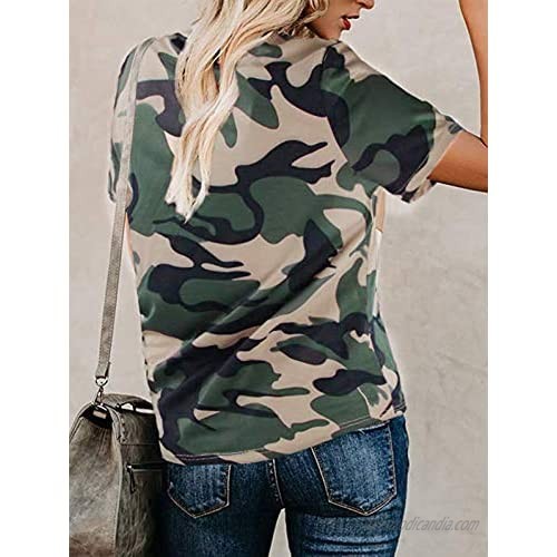 SHIBEVER Women’s T Shirts Leopard Print Long Sleeve Tops Casual Cute Round Neck Side Twist Knotted Blouses Tunics Outfits