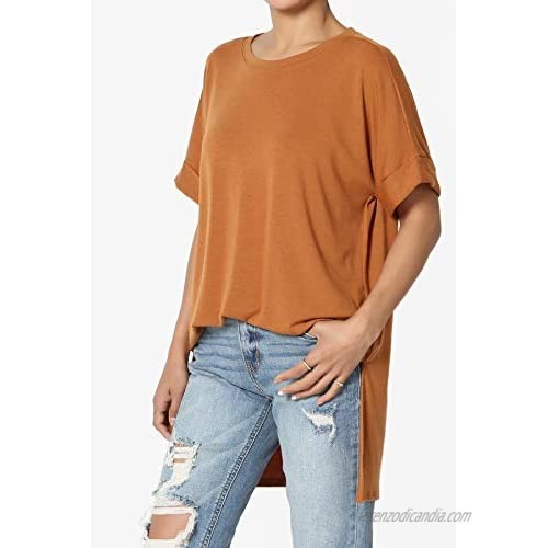 TheMogan S~3X Casual Round Neck Rolled Short Sleeve Loose fit Tunic Top Tee