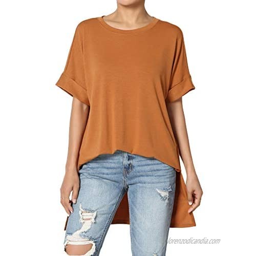 TheMogan S~3X Casual Round Neck Rolled Short Sleeve Loose fit Tunic Top Tee