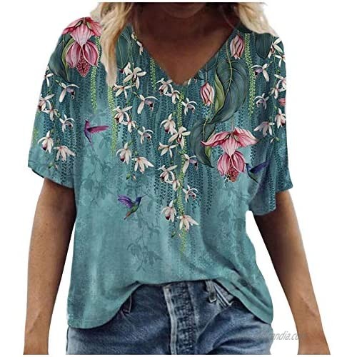 Tshirts for Womens Women T Shirts Flower Print Graphic V Neck Tees Summer Tops Casual Short Sleeve Tops Tunics