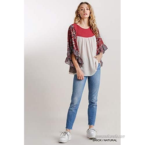 umgee USA Floral & Animal Print Butterfly Sleeves Waffle Knit Top