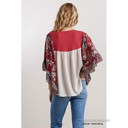 umgee USA Floral & Animal Print Butterfly Sleeves Waffle Knit Top