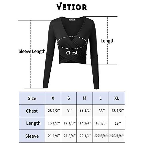 VETIOR Women's Deep V Neck Long Sleeve Unique Slim Fit Cross Wrap Shirts Crop Tops