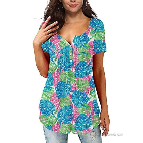 Women Button Up Tunics Summer Short Sleeve Plus Size Top Ruffle Pleated Henley V Neck Blouse
