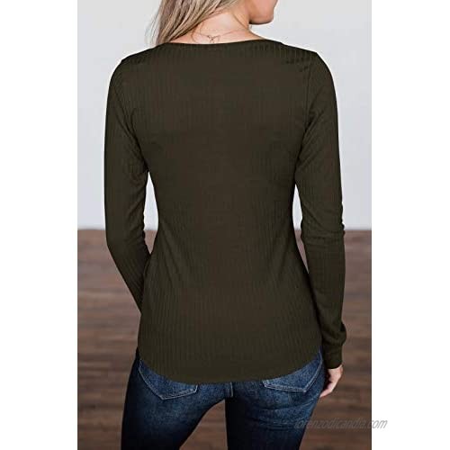 Women Long Sleeve Henley Shirts Casual Ribbed Tunic Top