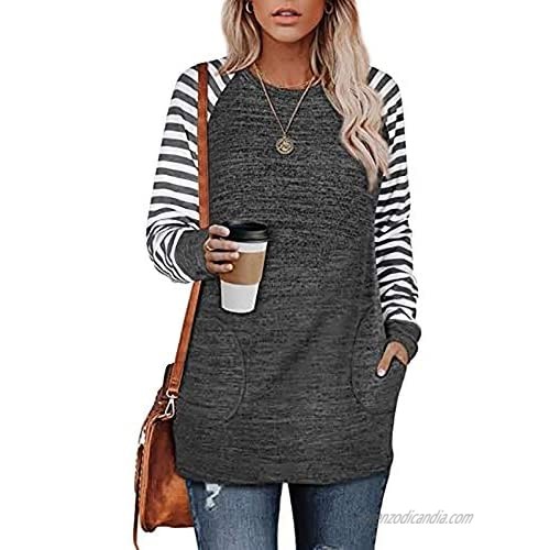 Women's Crewneck Color Block Tops With Pockets Short Sleeve Shirts Tunics For Women To Wear With Leggings