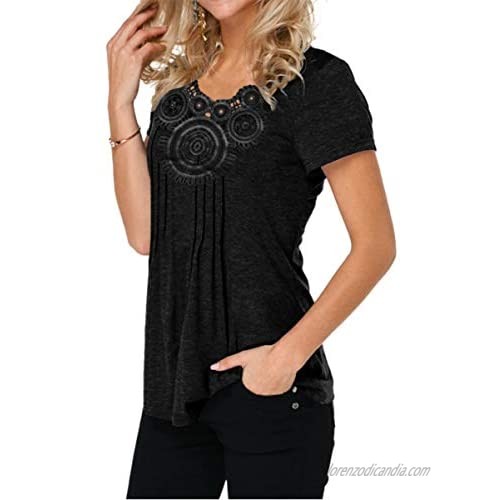 Women's Fashion Summer Pleated Short Sleeve T Shirt Lace Patchwork Solid Color Casual Tunic Tops