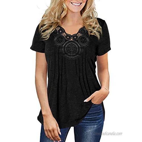 Women's Fashion Summer Pleated Short Sleeve T Shirt Lace Patchwork Solid Color Casual Tunic Tops