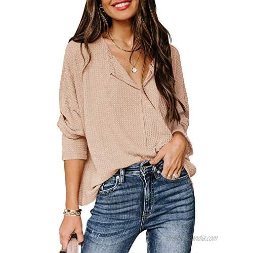 Womens Long Sleeve Waffle Knitted Tunic T-Shirt V-Neck Loose Fit Henley Shirt Tops