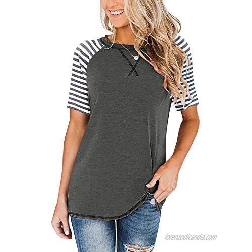 Womens Short Sleeve T Shirts Striped Color Block Tunics Crewneck Side Split Casual Blouses Tops