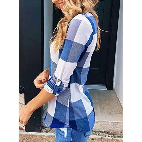 Zecilbo Women's Roll-Up Long Sleeve Plaid Shirt Tops Casual V Neck Pullover Tunic Blouses