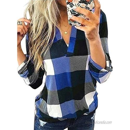 Zecilbo Women's Roll-Up Long Sleeve Plaid Shirt Tops Casual V Neck Pullover Tunic Blouses