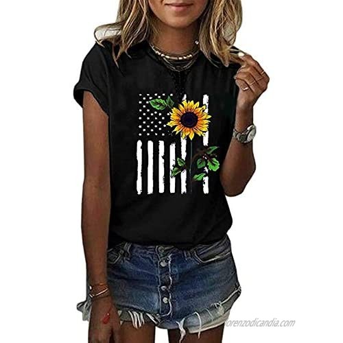 4th of July Shirts for Women Casual Summer Tops American Flag Printing Short Sleeves O Neck Loose T-Shirt Blouse Tops