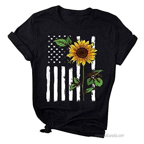 4th of July Shirts for Women Casual Summer Tops American Flag Printing Short Sleeves O Neck Loose T-Shirt Blouse Tops