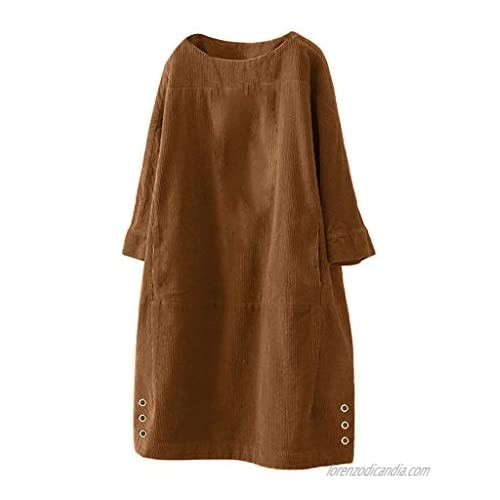 Clopon Womens Corduroy Long Sleeve Shirt Vintage Plain Shirt Loose Casual Dress Short Dresses with Pockets