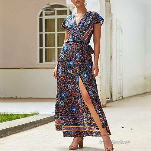 DZQUY Women's Floral Printed Boho Wrap Dress V Neck Short Sleeve Summer Casual Split Beach Long Maxi Dresses Sundress