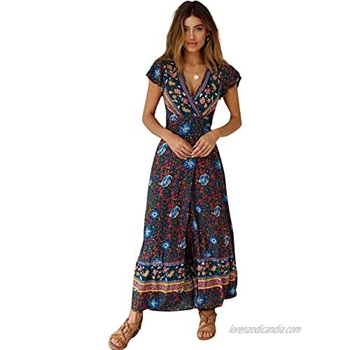 DZQUY Women's Floral Printed Boho Wrap Dress V Neck Short Sleeve Summer Casual Split Beach Long Maxi Dresses Sundress