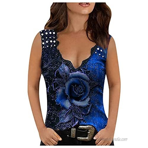 DZQUY Women's Sexy Henley V Neck Tank Tops Sleeveless Lace Trim Summer Casual Floral Printed Blouse Shirts