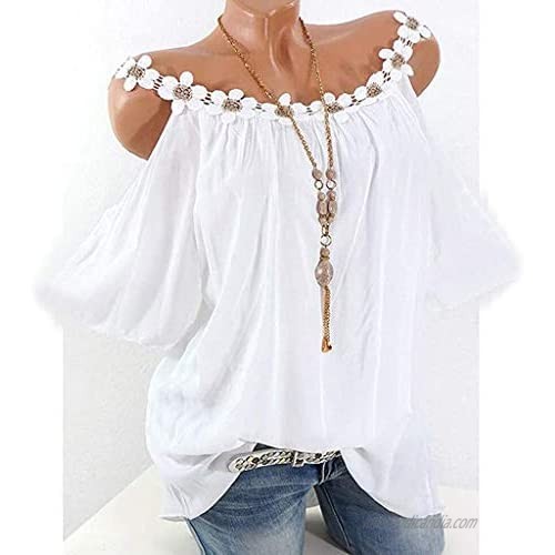 FarJing Cold Shoulder Tops for Women Plus Size Summer Casual Tunic Tops Loose Blouse Short Sleeve Shirts