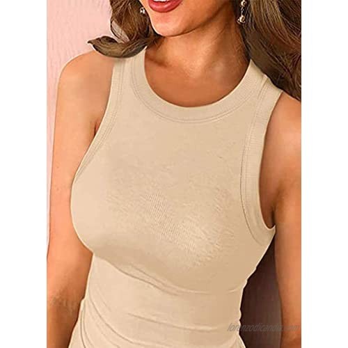 Fastbot women's Tank Tops Vest Crewneck Mini Rib Sleeveless Tunic Summer T Shirt Soft Stretch Comfy Solid Color Casual