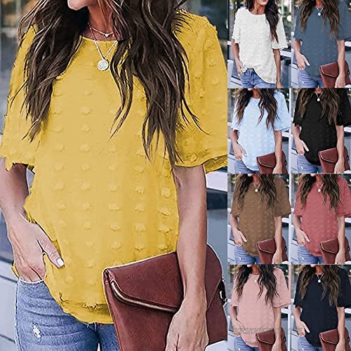 FIRERO Womens Chiffon Shirts Summer Casual Crewneck Short Sleeve Blouse Swiss Pom Pom Tops