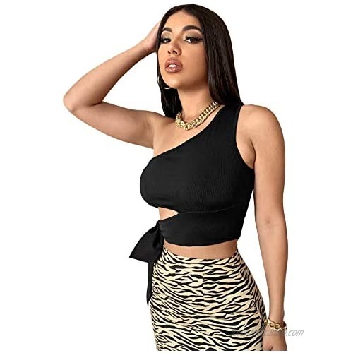 Floerns Women's Cut Out One Shoulder Sleeveless Tie Side Rib Knit Crop Tops