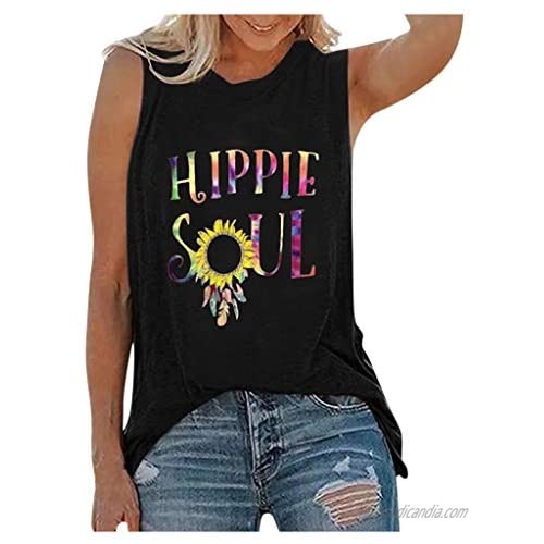 Hippie Soul Tank Tops for Women Vintage Sunflower Print Sleeveless T Shirt Beach Scoop Neck Tunic Shirts