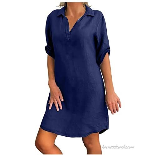 HIRIRI Women's Solid Cotton Linen Turn Down Collar V-neck Short Sleeve Mini Sundress Casual Holiday Beach Skirt