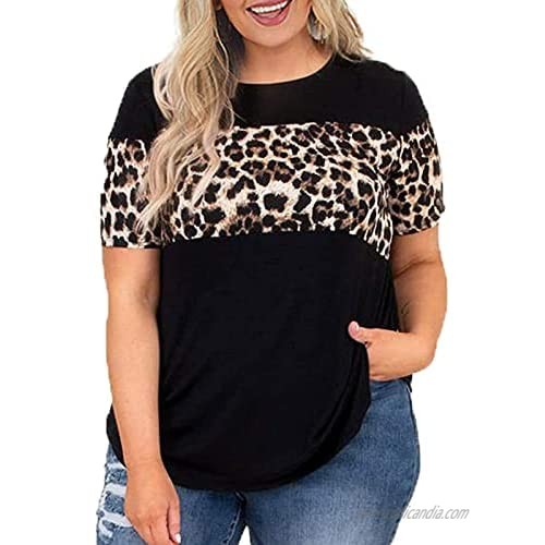 Honiser Womens Casual Tops Summer Round Neck T Shirts Leopard Printing Splicing Tees Fashion Casual Loose Plus Size Blouses