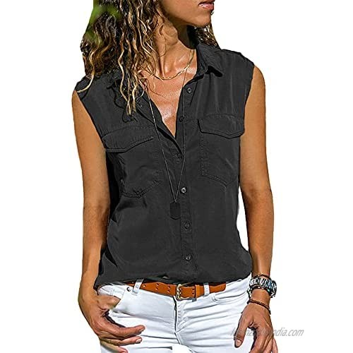 HUPAI Women's Summer Sleeveless Shirts Lapel Tshirts Plus Size Casual Solid Color Loose Tops Cardigan