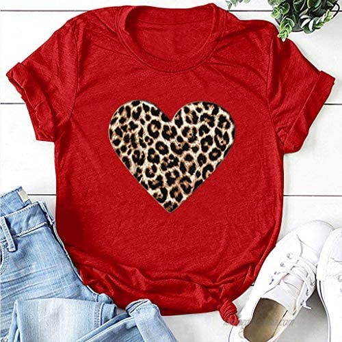 Mikilon Womens Leopard Heart Print Graphic t Shirt Valentine's Day Casual Short Sleeve tees top for Girls
