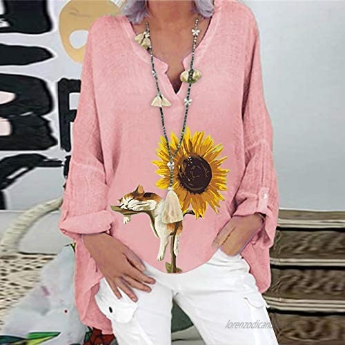 Plus Size Womens Linen Sunflower and Cat Print T-Shirts Long Sleeve Casual Loose V-Neck Blouse Tops M-5XL