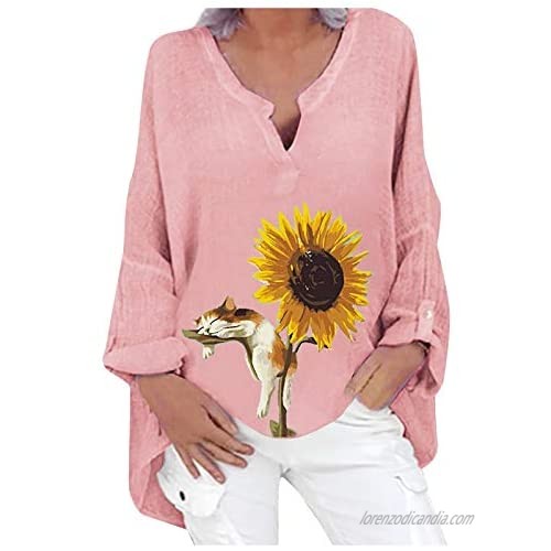 Plus Size Womens Linen Sunflower and Cat Print T-Shirts Long Sleeve Casual Loose V-Neck Blouse Tops M-5XL