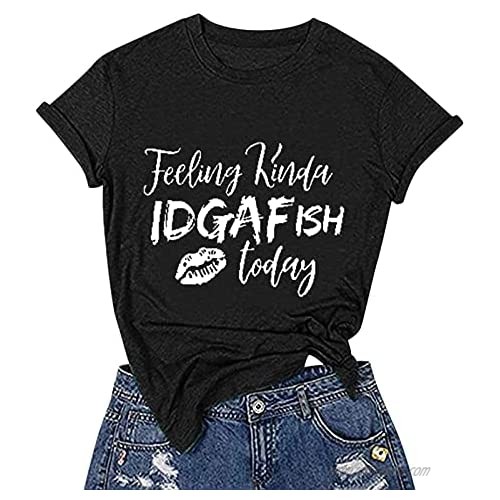 Tops for Women Novelty Trendy Letters Print Roll Sleeve T-Shirt Summer Casual Loose Short Sleeve Tunic Blouse