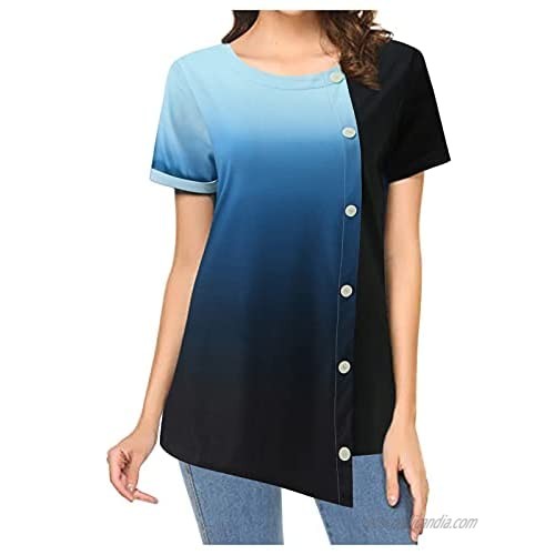 Tops for women丨Casual Fashion Gradient O-Neck Button Loose Short Sleeve T-Shirt Top-cami top Blouses tee Tanks