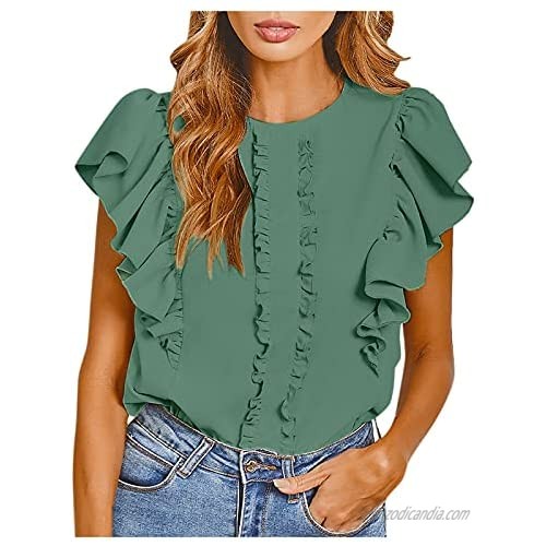 Women Camisole tanks丨Casual Fashion Solid O-Neck Loose Ruffles T-Shirt Top-cami Shirts Blouses Tops