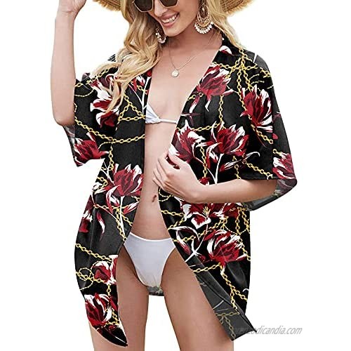 Women Print Chiffon Kimono Floral Print Kimono Sheer Chiffon Cardigan Half Sleeve Cover up Beach Cardigan Shawl Tops