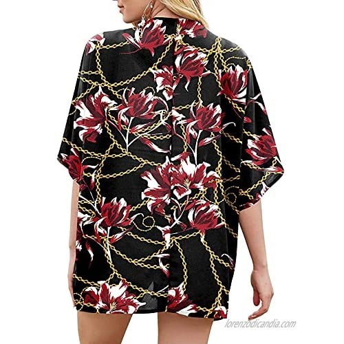 Women Print Chiffon Kimono Floral Print Kimono Sheer Chiffon Cardigan Half Sleeve Cover up Beach Cardigan Shawl Tops