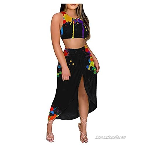 Women Solid Top Printing Beach Long Maxi Skirt Two-Piece Suit Set Summer Dresses