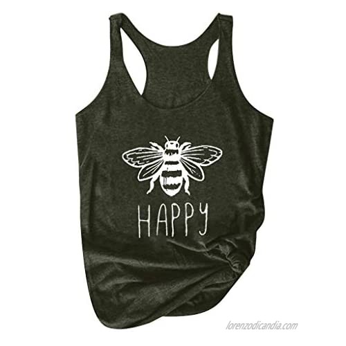 Women's Bee Happy Tank Top Casual Cute Graphic Sleeveless Scoop Neck Tunic Shirts Tops T Shirt Blouse Tee Plus Size
