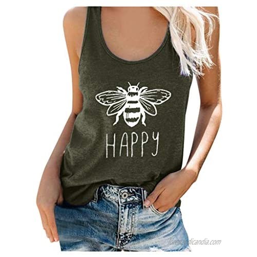 Women's Bee Happy Tank Top Casual Cute Graphic Sleeveless Scoop Neck Tunic Shirts Tops T Shirt Blouse Tee Plus Size