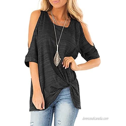 Womens Off Shoulder Blouse 3/4 Bell Sleeve Tie Knot Casual Blouse Shirts Striped Solid Tee Summer Blouse T Shirt Tops