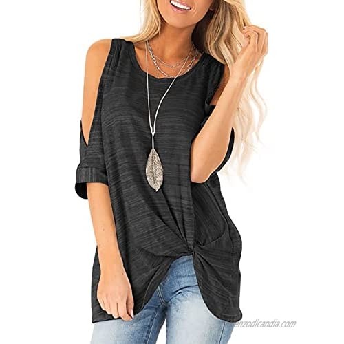 Womens Off Shoulder Blouse 3/4 Bell Sleeve Tie Knot Casual Blouse Shirts Striped Solid Tee Summer Blouse T Shirt Tops