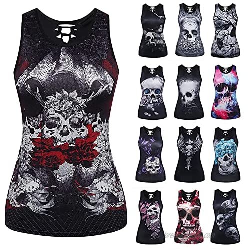 Womens Skull Print T Shirt Floral Hollow Out T Shirt O Neck Plus Size Tank Top Casual Sleeveless T Shirt Blouse Tops