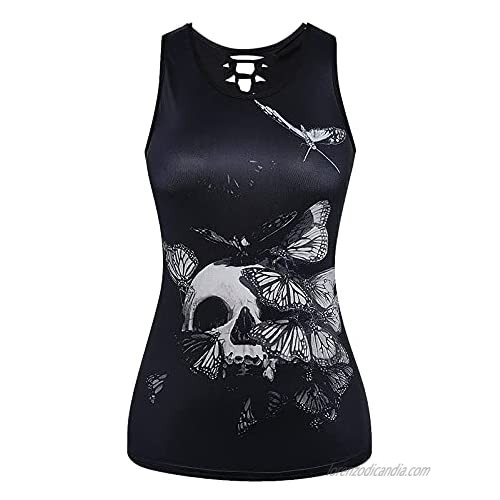 Womens Skull Print T Shirt Floral Hollow Out T Shirt O Neck Plus Size Tank Top Casual Sleeveless T Shirt Blouse Tops
